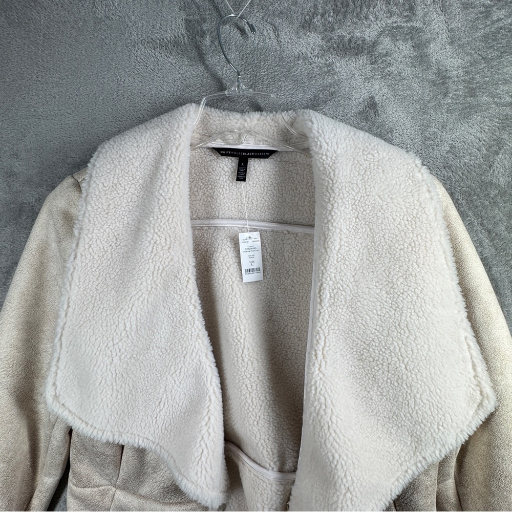 White House Black Market Jacket Women L Neutral Faux Shearling Drape Coat Winter - Picture 4 of 7